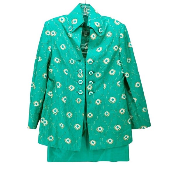 Unbranded Dresses & Skirts - Vintage Tailored 3 Piece Green Gold Floral Set Outfit Size Medium? Custom Made